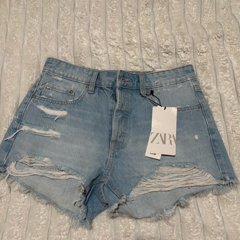 Zara Faded Blue Ripped Jean Shorts